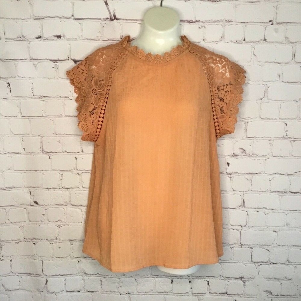 Blu Pepper Caramel/Orange Raglan Lace Short Sleeve Blouse Top Women S China